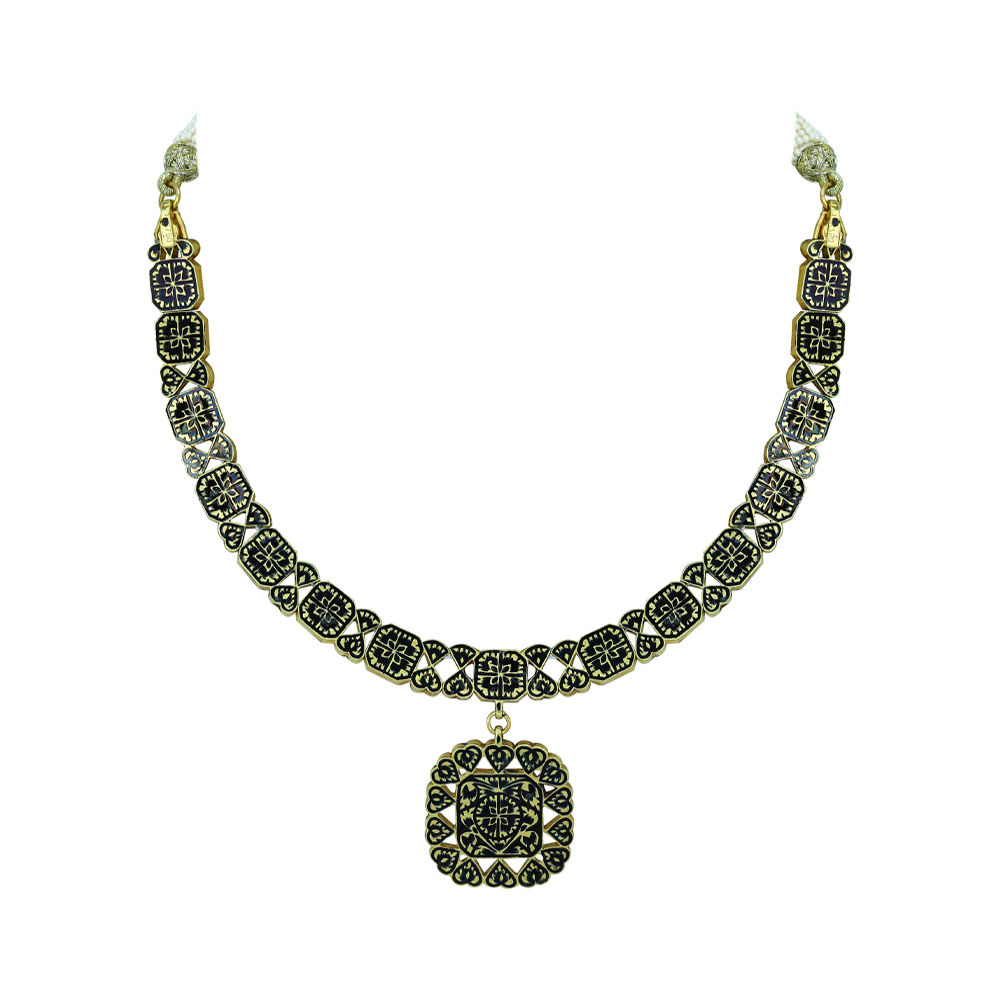 Polki Necklace with Black Enamel Squares and Central Pendant